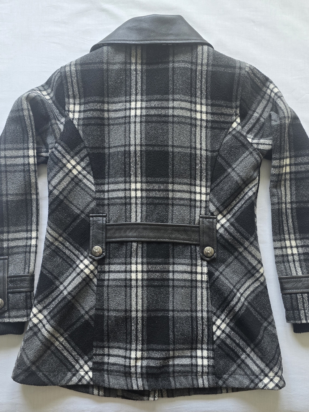 Harley-Davidson Black & Gray Plaid Pea Coat with Leather Collar - Picture 8 of 10
